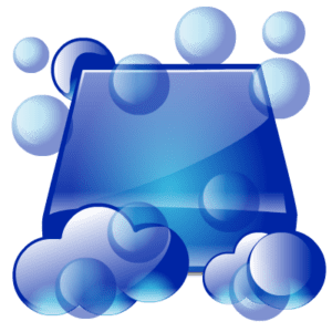 A blue square with bubbles floating around it.
