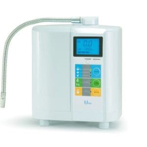 A white water ionizer with a blue screen.